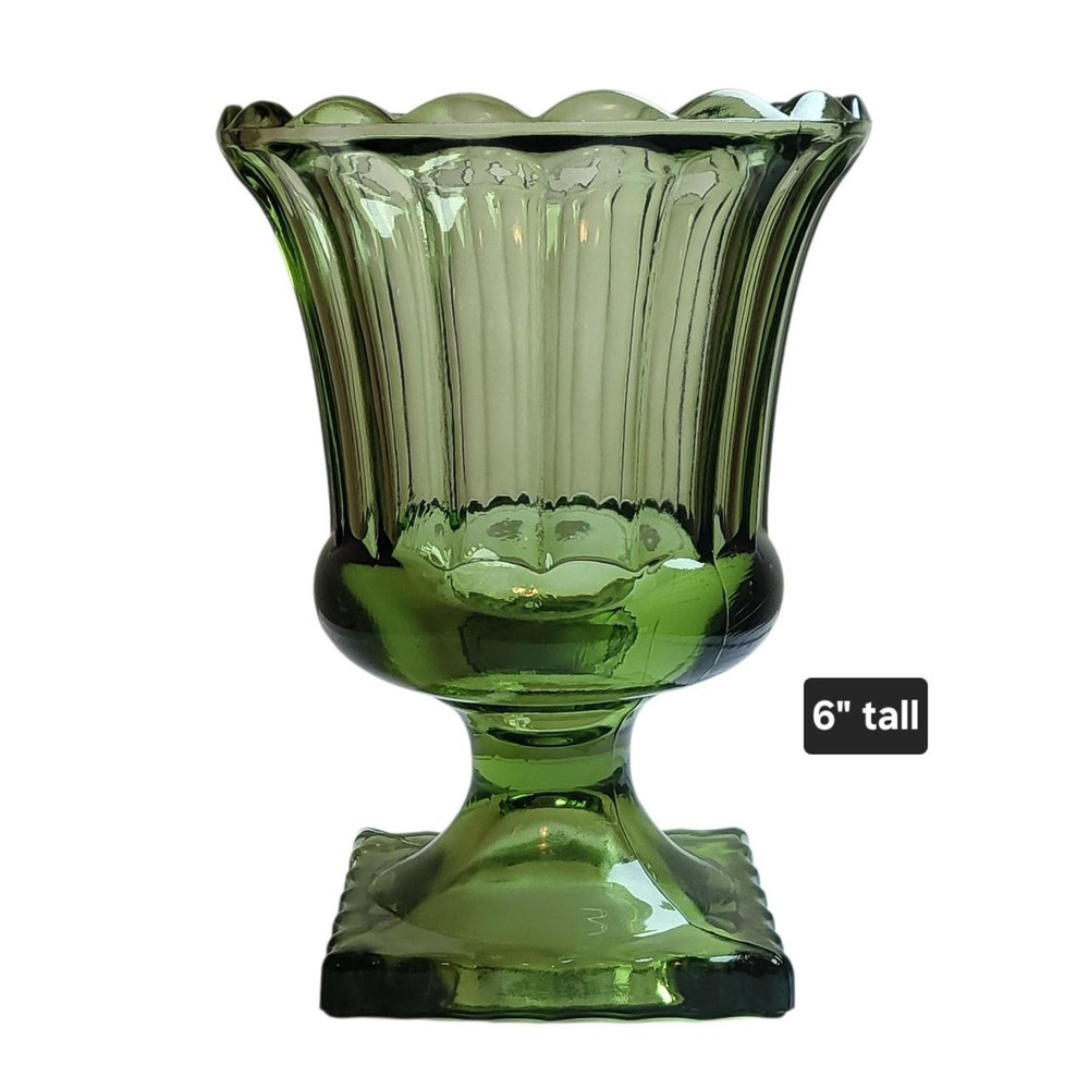 Vintage Pedestal Vase Pressed Glass Avocado Green